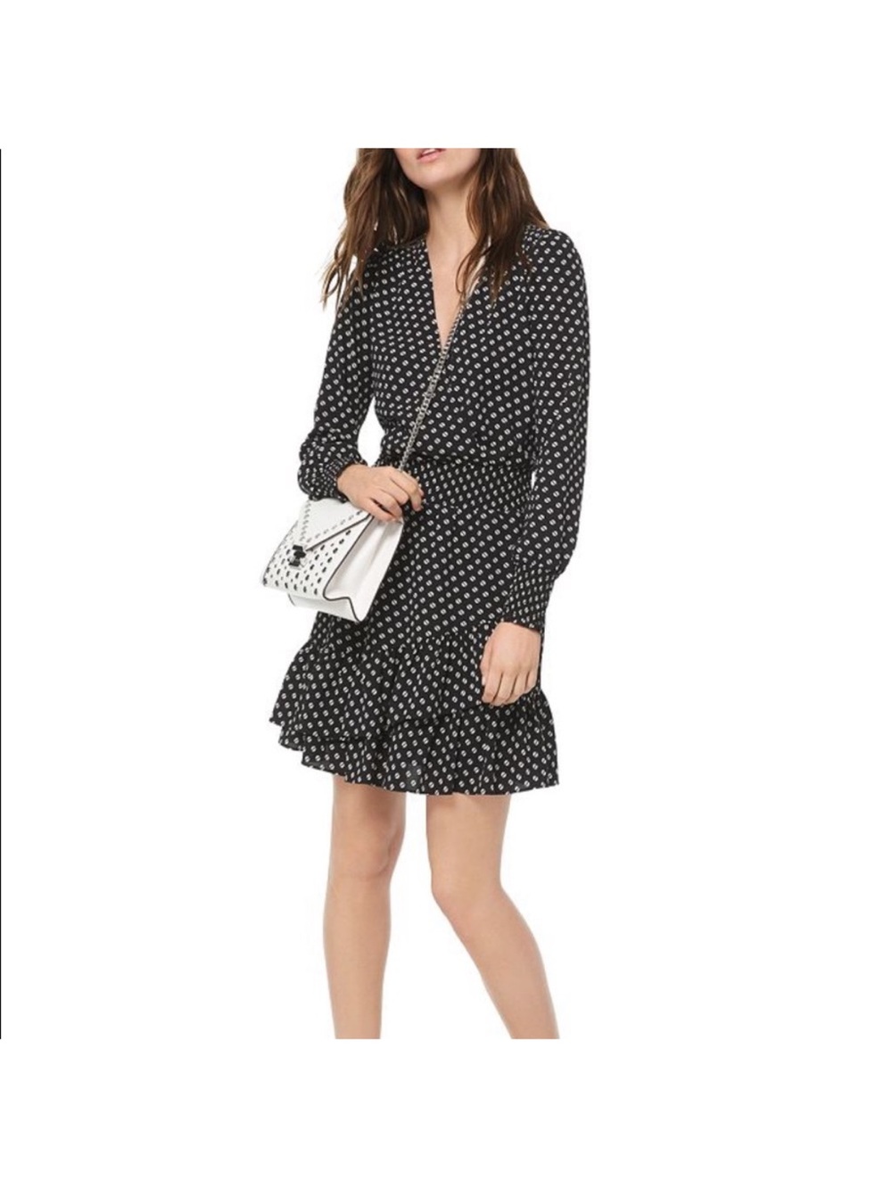 Michael Kors Black White Polka Dot Wrap Dress Size S NWT Long Sleeve Ruffle Hem